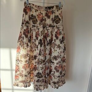 Ulla Johnson Cream Midi Skirt with Pink and Brown Floral Print
